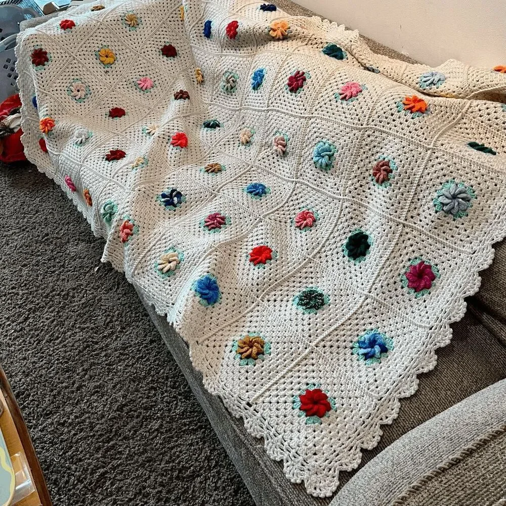 Handmade Crochet Afghan Blanket Puff 3D Flowers Cotton Blend 72x52 Boho Cottagec